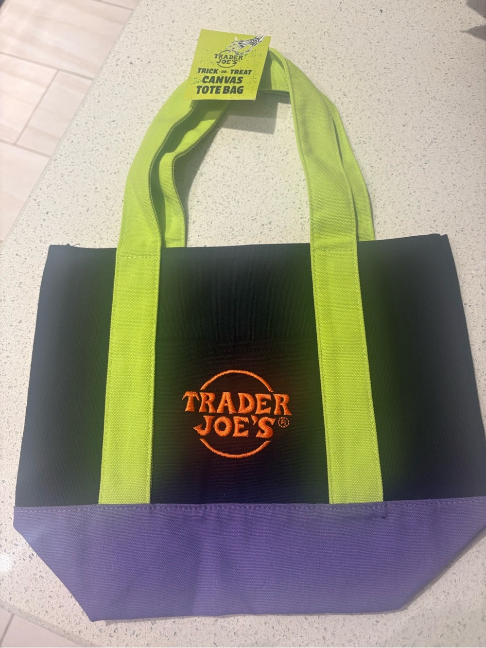Black Canvas Tote with Lime Handles and Purple Base